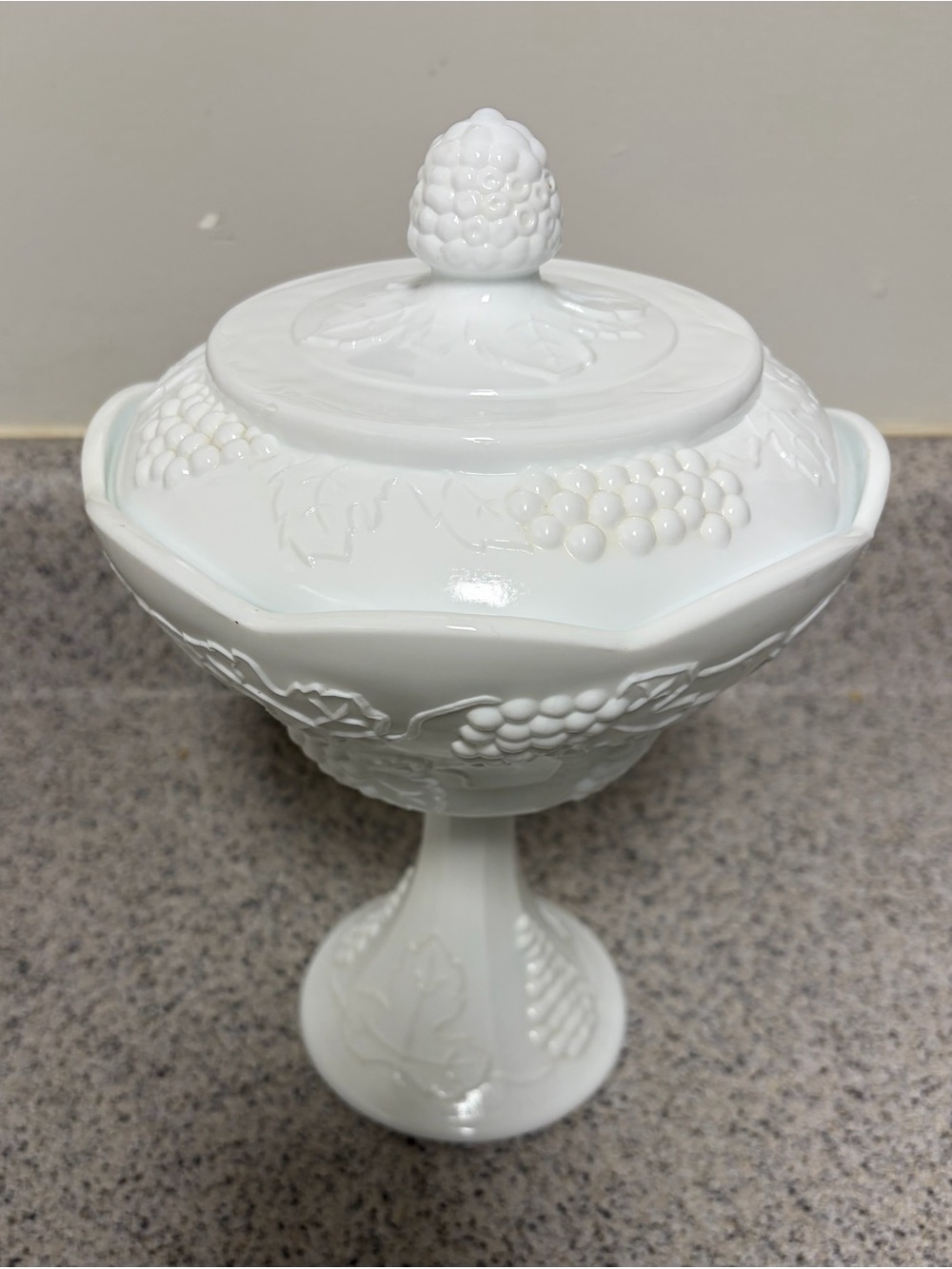 White Milk Glass Compote with Grape Leaf Motif - Picture 2 of 10